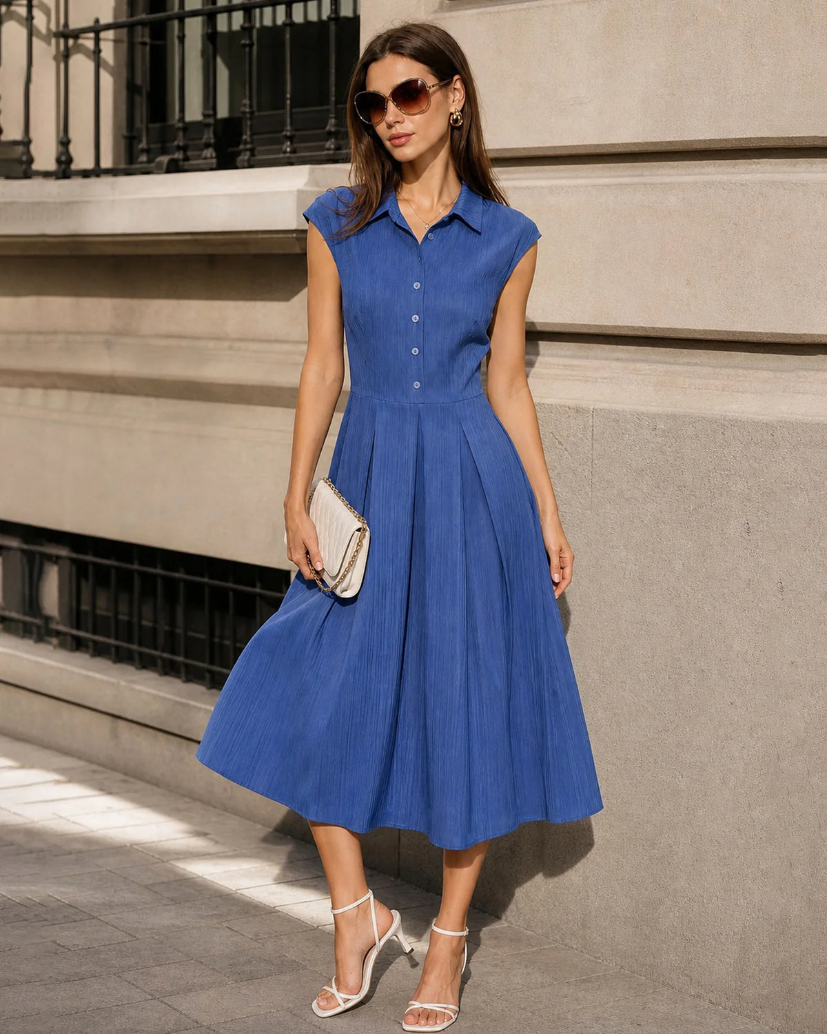 DALIA | Vestido midi plisado a cuadros marrones con botones