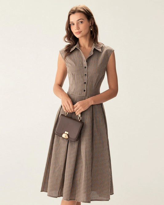 DALIA | Vestido midi plisado a cuadros marrones con botones