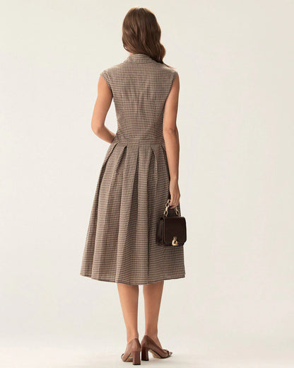 DALIA | Vestido midi plisado a cuadros marrones con botones