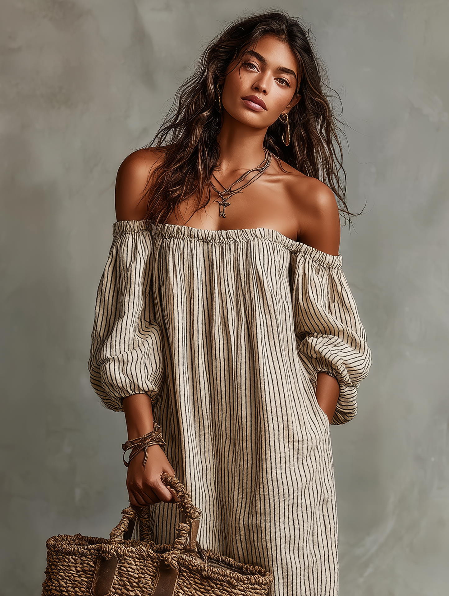 Carmen · Vestido largo con escote que deja los hombros al descubierto