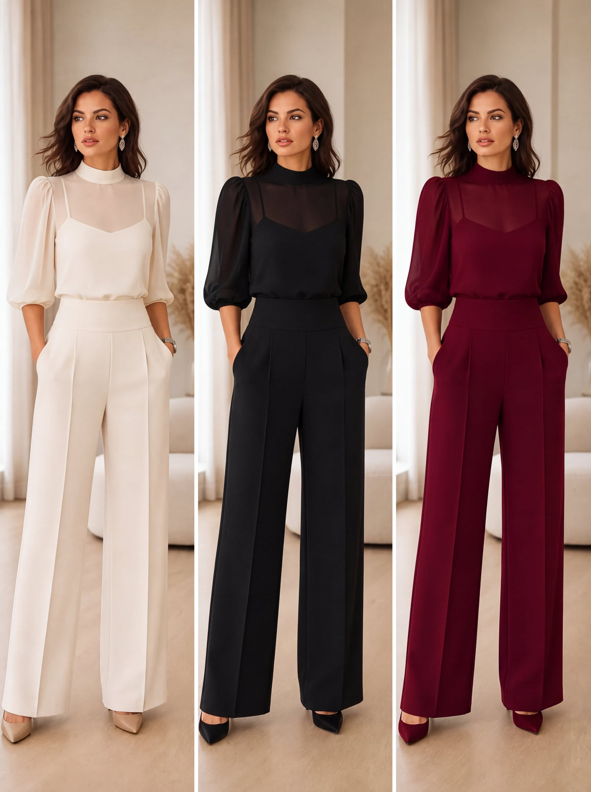 CELESTE | Conjunto de tres piezas con top transparente y pantalón de pierna ancha