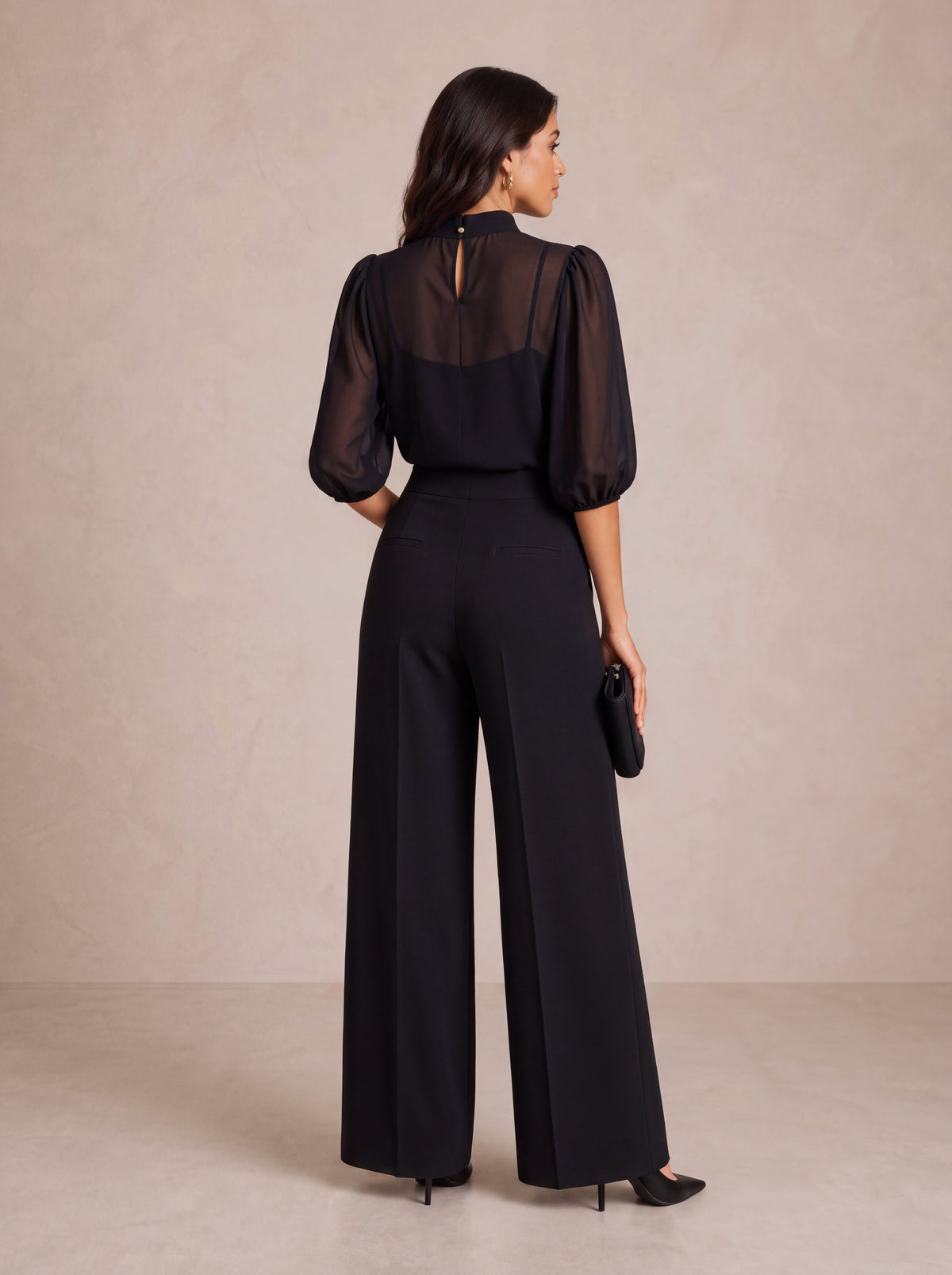 CELESTE | Conjunto de tres piezas con top transparente y pantalón de pierna ancha