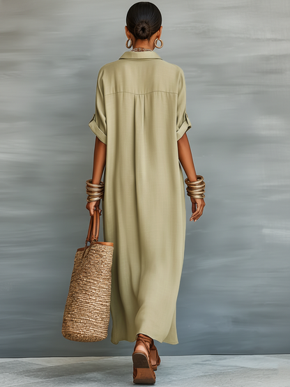 Mireia · Vestido largo oliva de líneas minimalistas