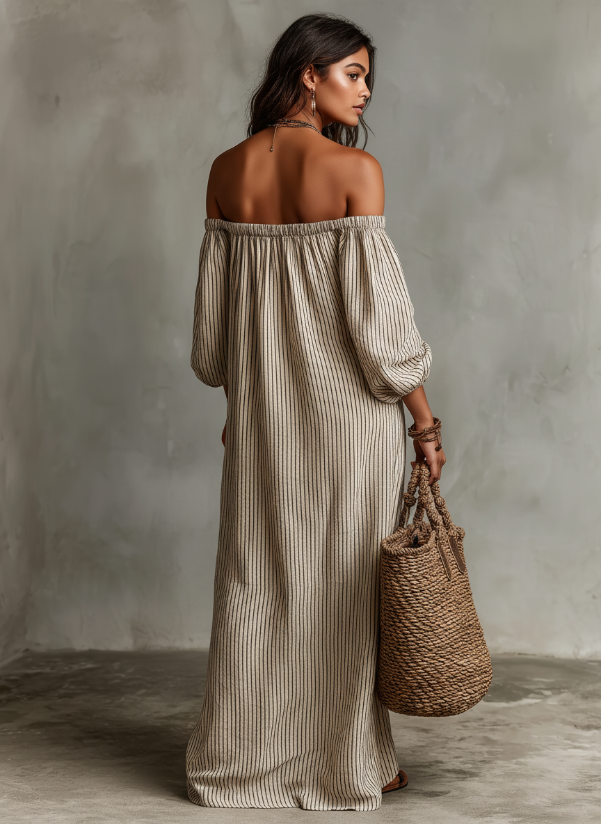 Carmen · Vestido largo con escote que deja los hombros al descubierto