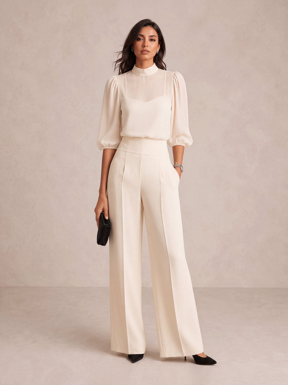 CELESTE | Conjunto de tres piezas con top transparente y pantalón de pierna ancha