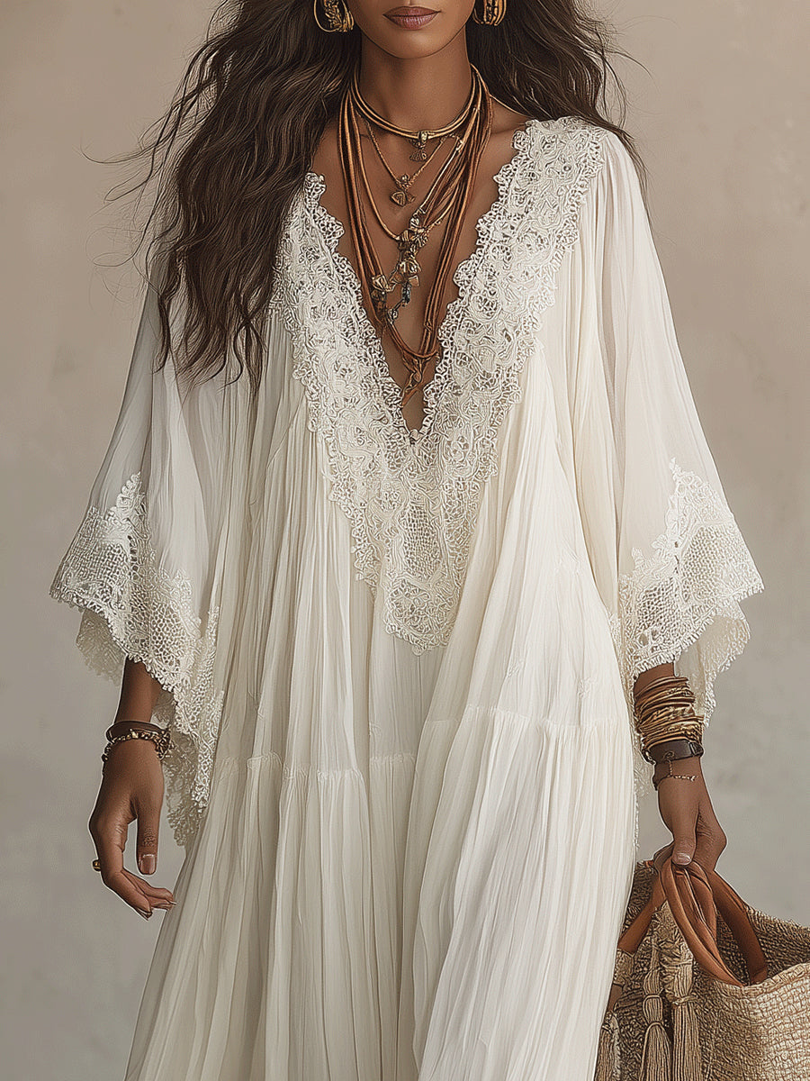 Indara • Vestido largo de blanco con escote en V