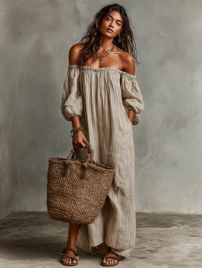 Carmen · Vestido largo con escote que deja los hombros al descubierto