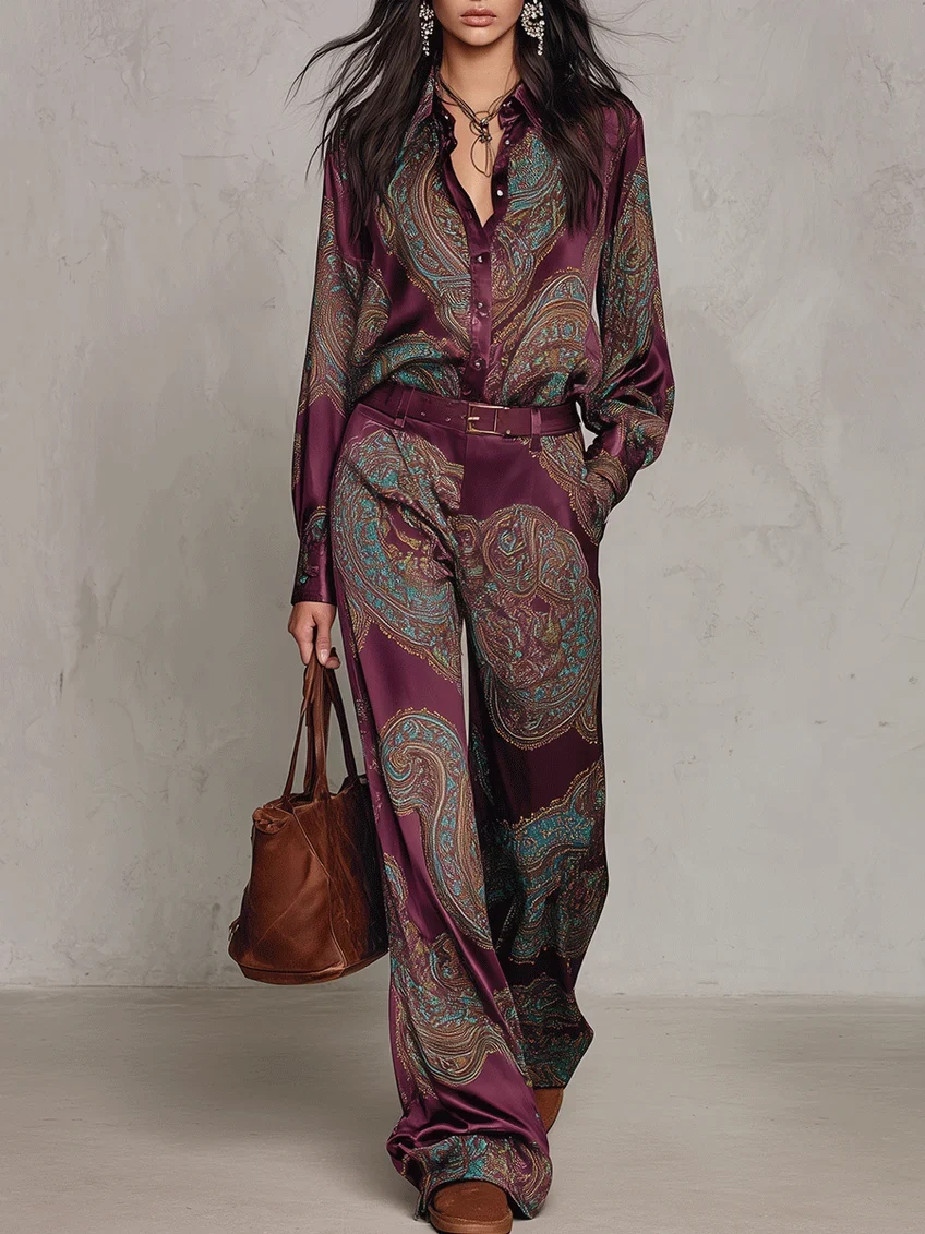 SIENA | Conjunto de camisa de manga larga de satén con estampado cachemira burdeos y morado y pantalones de pierna ancha.