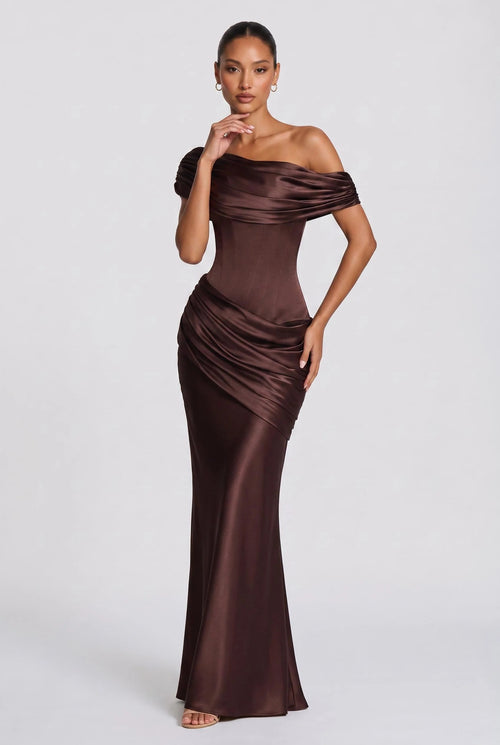 ANABEL | Vestido largo ajustado de satén con fruncido