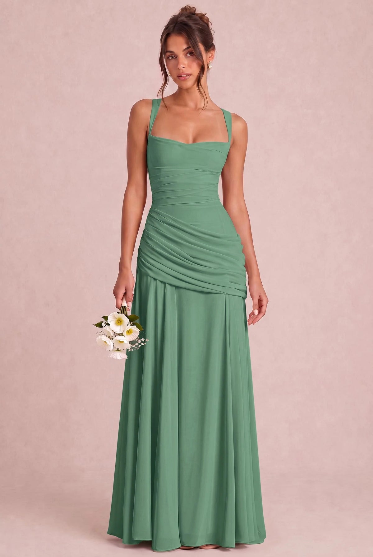 ZAHARA | Vestido largo fruncido de gasa con corte en A