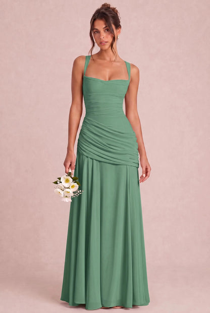 ZAHARA | Vestido largo fruncido de gasa con corte en A