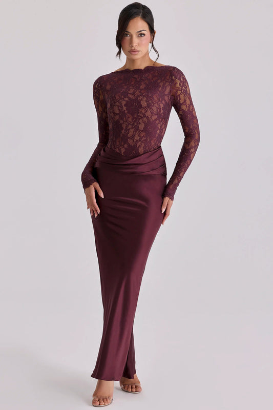 OLAYA | Vestido largo de satén con mangas largas y detalles de encaje