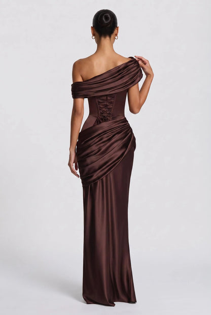 ANABEL | Vestido largo ajustado de satén con fruncido