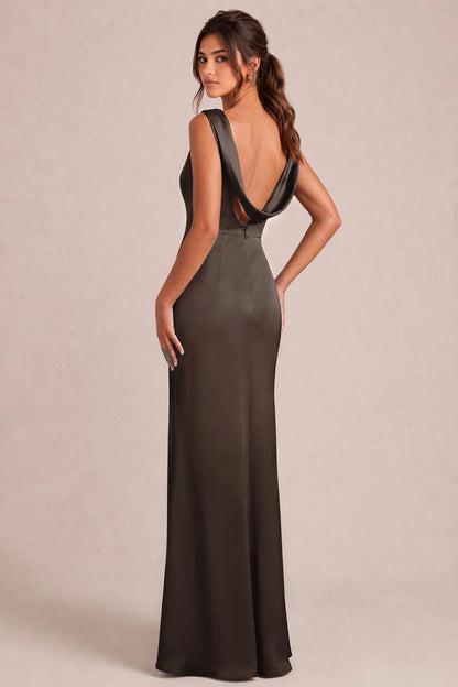 LIANA | Vestido largo sin espalda con escote drapeado de satén mate