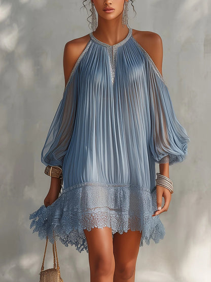 BELLA | Vestido mini de muselina con hombros descubiertos y borde de encaje.