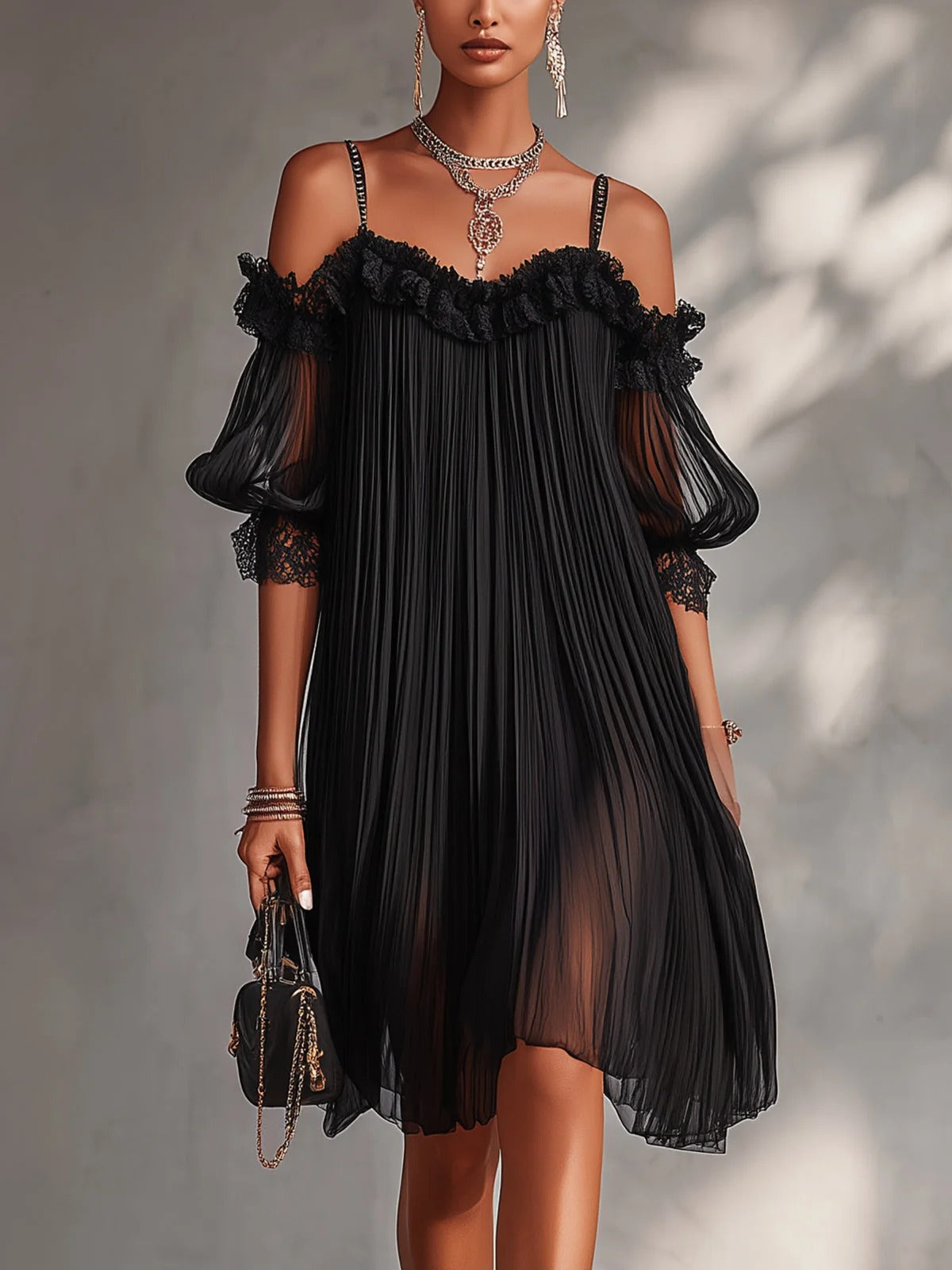 BELLA | Vestido mini de muselina con hombros descubiertos y borde de encaje.