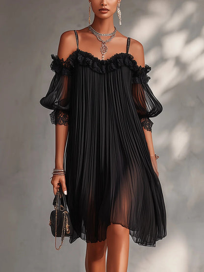 BELLA | Vestido mini de muselina con hombros descubiertos y borde de encaje.