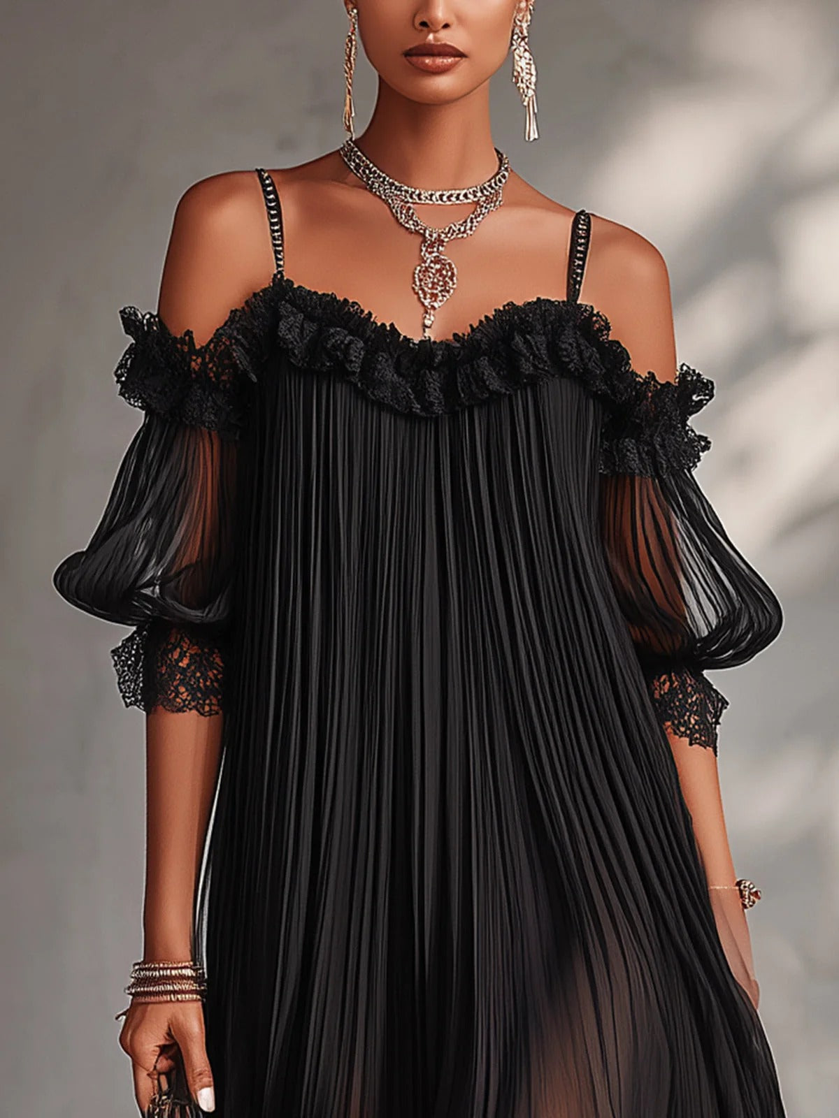BELLA | Vestido mini de muselina con hombros descubiertos y borde de encaje.
