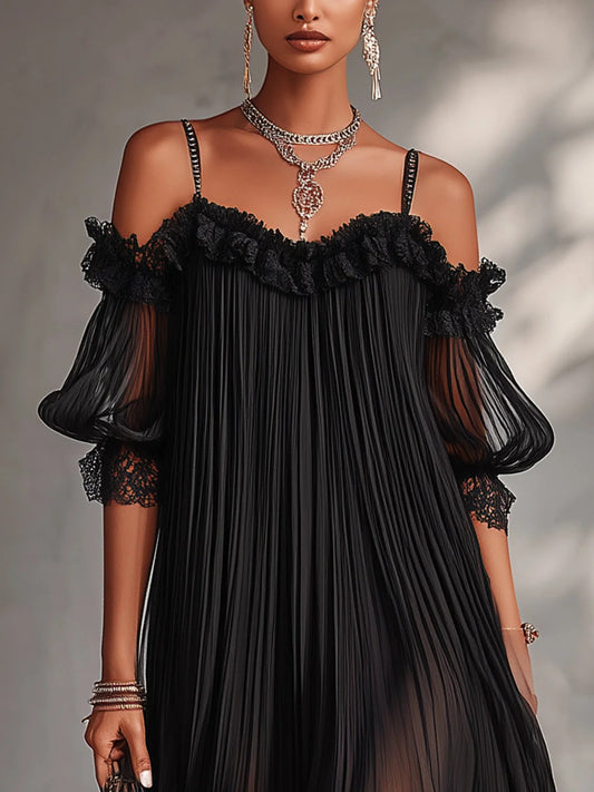 BELLA | Vestido mini de muselina con hombros descubiertos y borde de encaje.
