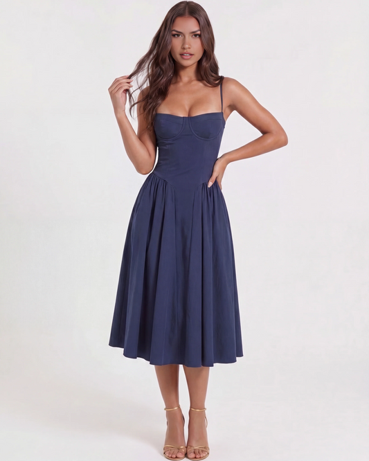 LIORA | Vestido midi con escote corazón y bolsillos ocultos
