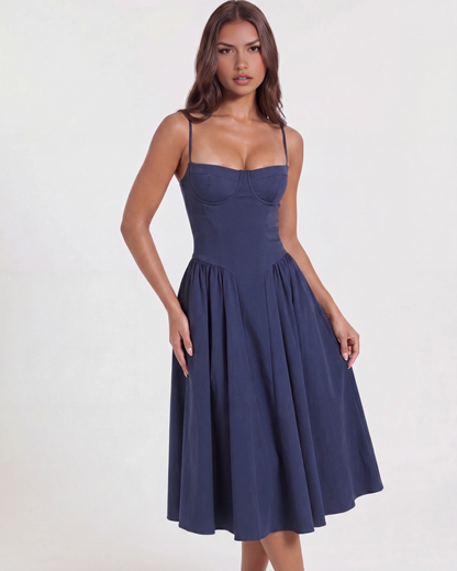 LIORA | Vestido midi con escote corazón y bolsillos ocultos