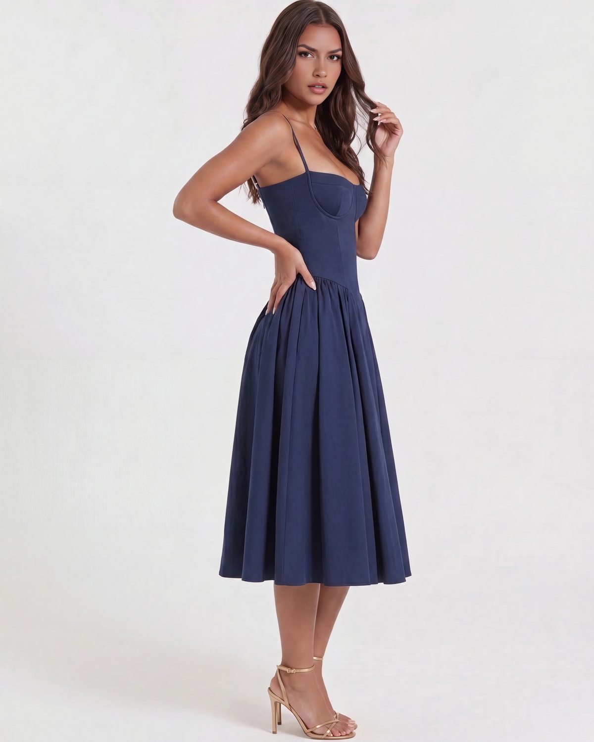 LIORA | Vestido midi con escote corazón y bolsillos ocultos