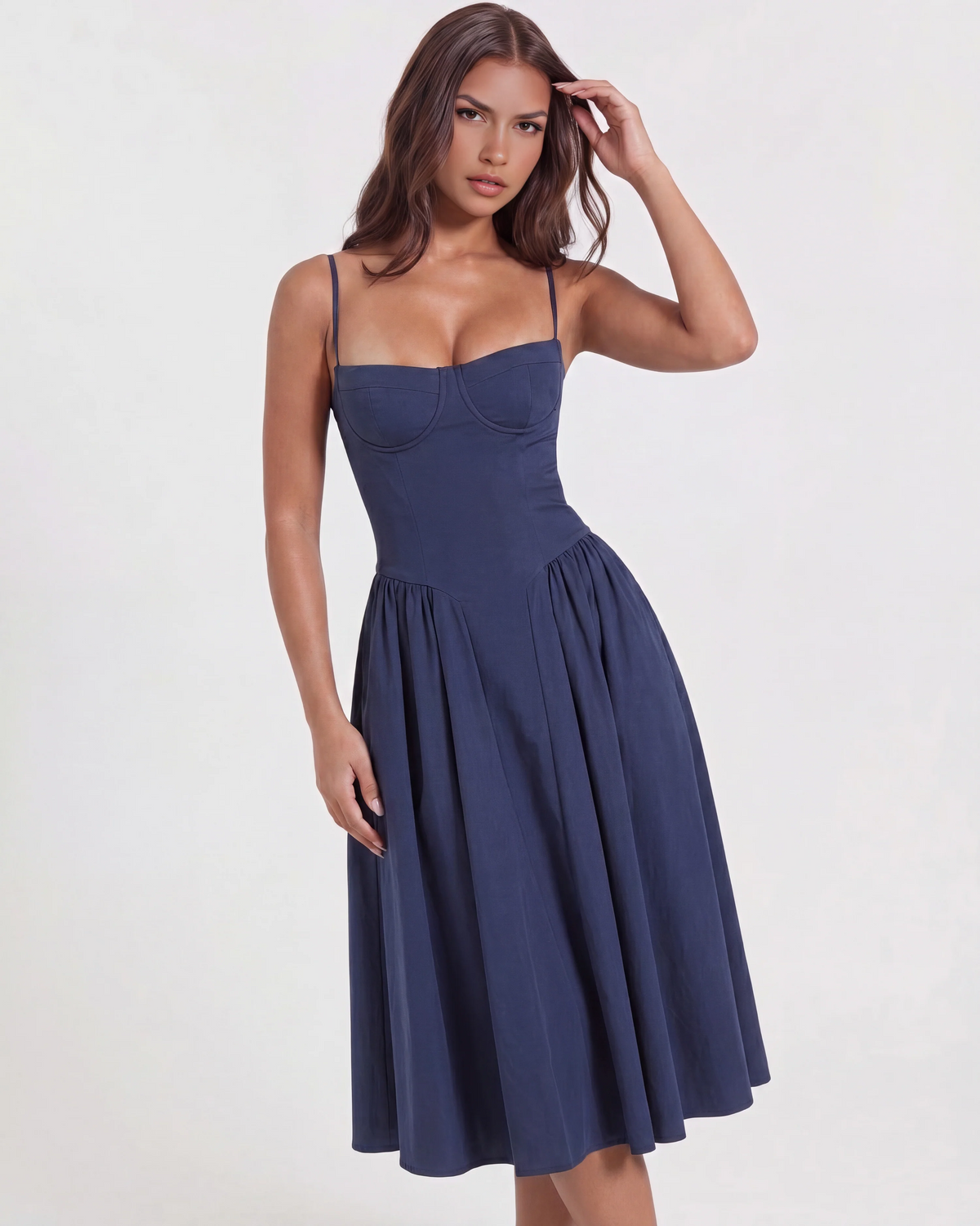 LIORA | Vestido midi con escote corazón y bolsillos ocultos